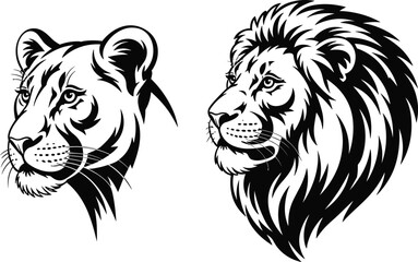 Lion and lioness head illustration set, powerful wild animal portraits, black and white vector line art, majestic wildlife symbol design