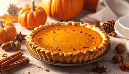 Pumpkin pie with autumn decorations like pumpkins, acorns, cinnamon sticks, & pinecones