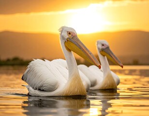 Two white birds float gracefully on water during a sunset