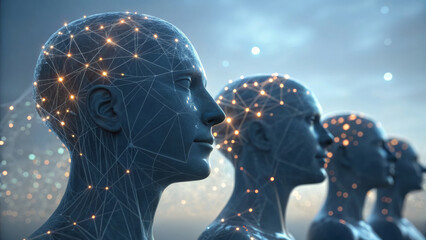 Futuristic human heads with glowing neural connections in a row