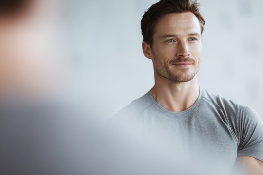 A man looking confidently into a mirror after a workout, positive body image and fitness achievement.