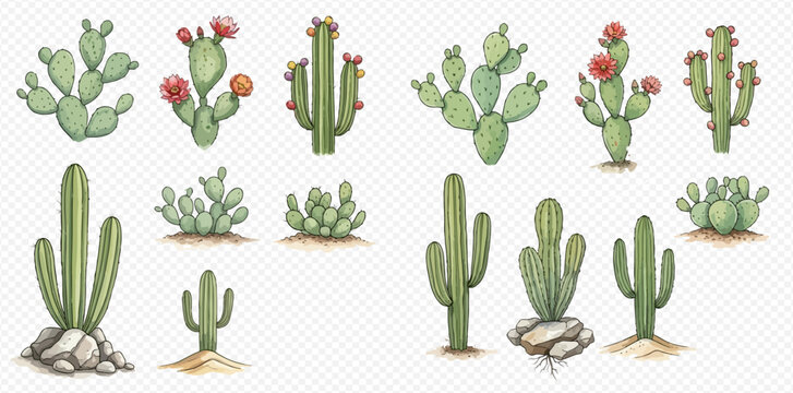 Collection of various watercolor cacti and succulents, including prickly pear and saguaro, with some blooming flowers and fruits, set on transparent background.