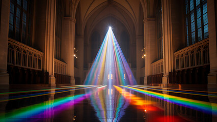 Gothic architecture of a European city cathedral at night with a blue-lit water fountain in a park