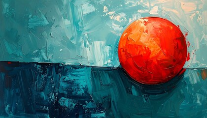 Vibrant abstract painting showing a large red sphere in front of textured blue