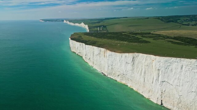 Aerial view over the famous white cliffs of The Seven Sisters Dover, south England.
