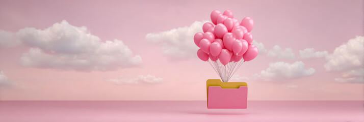 Data pastel pink folder lifted by balloon floating above minimal cloud sky evoking playful data