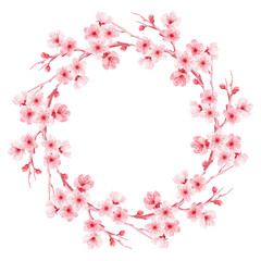 Watercolor illustration of a circular wreath made of pink cherry blossom branches on white background. Soft botanical style, ideal for invitations, logos, wedding decor, spring prints, greeting cards.
