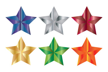 Obraz premium Set of Six Glossy Five-Pointed Stars in Metallic Colors for Awards, Ratings, and Decorative Design