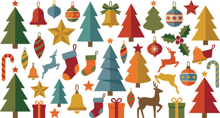 Christmas festive elements vector collection, winter holiday icons set, xmas trees ornaments gifts bells stars reindeer illustration © DolanAktar