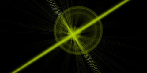 Lens flare effect on black background. A glowing green light beam on a black background, Green Light Flare Abstract Background Lens Flare, Bokeh, Glow, Circle, Energy, Technology, Design.