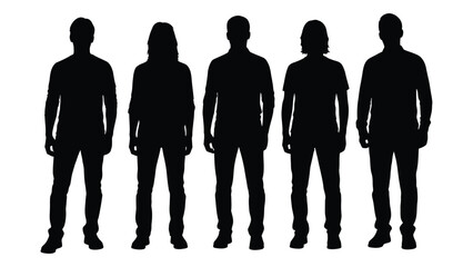 group of six people standing side by side in a dark stark silhouette