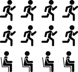 Running and sitting human pictogram icons set showing movement and rest positions, simple black silhouette symbols for signage, infographic, and UI design