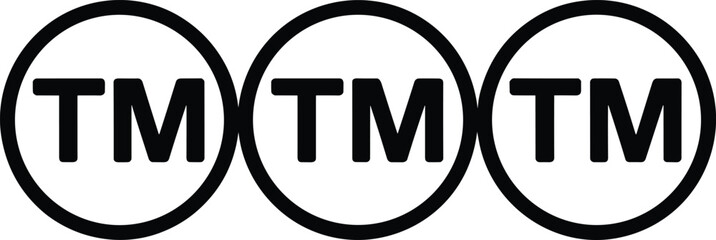 Trademark TM symbol vector illustration, three circular TM icons in black, isolated minimalist legal branding design for business identity protection