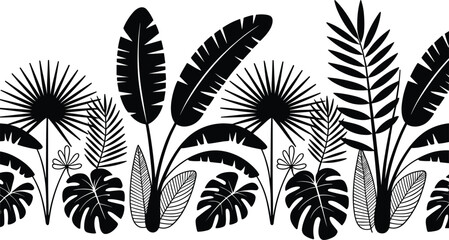 Tropical leaves seamless border illustration with palm, banana and monstera foliage silhouettes, black and white vector jungle pattern for wallpaper, fabric, branding, and decor