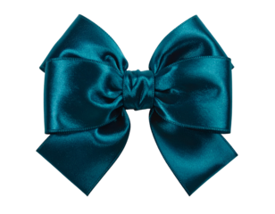 Teal satin bow, close-up, centered on black background, showcasing intricate folds
