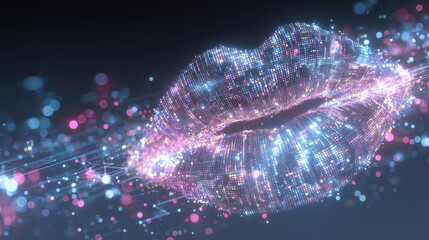 Abstract representation of lips created with binary code and vibrant colors symbolizes the fusion of technology and sensuality, highlighting a modern social issue in innovation