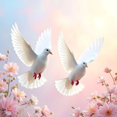 Two white doves in flight amidst pink blossoms