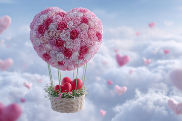 A whimsical hot air balloon shaped like a heart floats among fluffy clouds, adorned with pink roses and red hearts