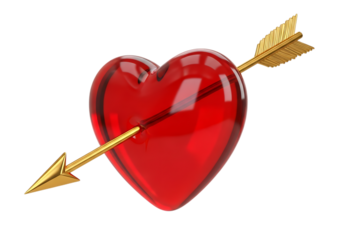 Red glass heart pierced by golden cupid arrow, symbol of love