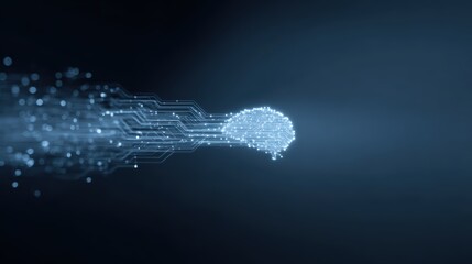 Fototapeta premium Abstract visual representing the transfer of knowledge or data between human and machine, flowing light particles connecting a brain and a chip.