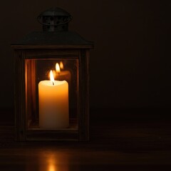 A cozy close up shot of a burning candle set inside a rustic wooden lantern, highlighting the warm glowing light and rough texture ,elemental ,peaceful ,night