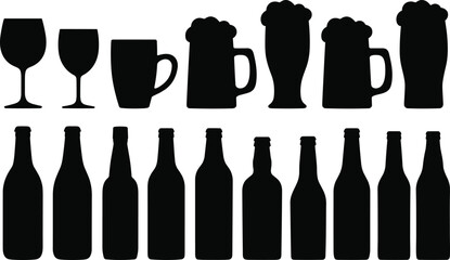 Fototapeta premium Alcohol drinkware silhouette set featuring beer mugs wine glasses bottles and steins, black vector icons collection for bar pub brewery design