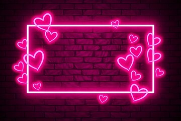 Neon Pink Heart Border on Brick Wall &ndash; Romantic Glow Design