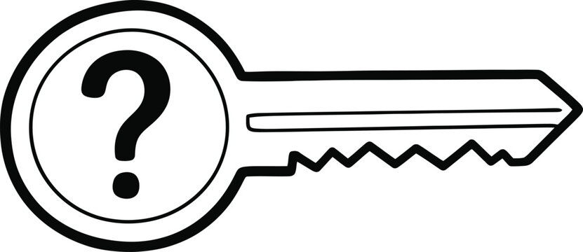 Hand-drawn simple key with question mark icon, doodle solid black on white, indicating forgotten access, quick security issue sketch