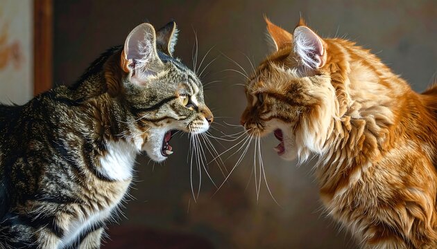 Two enraged felines face off, hissing, showing teeth, with open mouths