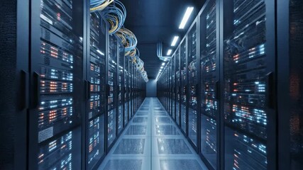 Futuristic Data Center Server Room Corridor with Blinking LED Lights and Network Cables Dolly Shot - Powered by Adobe