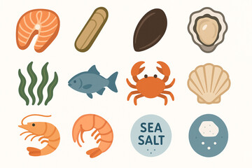 Chilean Seafood Vector Grid with Fish, Shellfish, and Marine Icons