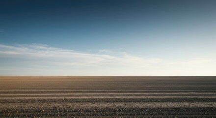 A dramatically wide, empty landscape where the limitless sky meets the desolate ground, creating a powerful feeling of minimalism and solitude ,design ,quiet ,minimalist