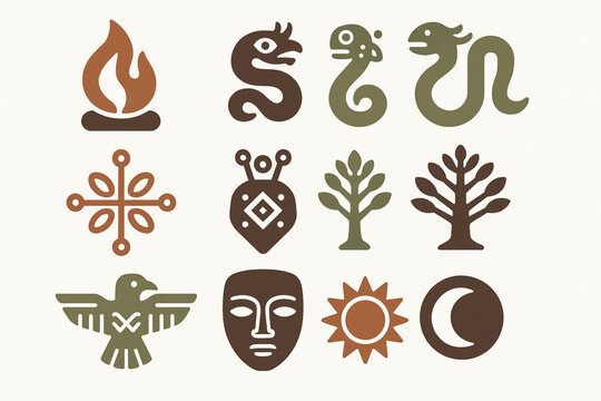 Mapuche Mythology Vector Icon Set with Pill&aacute;n Spirit, Serpents, Sacred Symbols