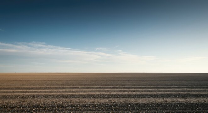 A dramatically wide, empty landscape where the limitless sky meets the desolate ground, creating a powerful feeling of minimalism and solitude ,design ,quiet ,minimalist