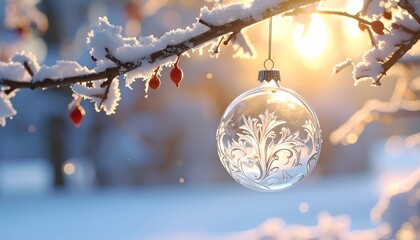 A frosted branch with ornament, berries, and sunlight creates a winter holiday scene