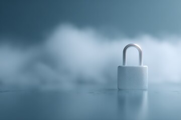 Stylized illustration of a digital lock and key in a secure cloud environment, cyber security and data protection concept.