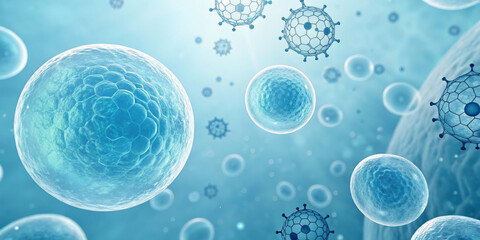 Microscopic view of various virus particles floating in a blue liquid environment