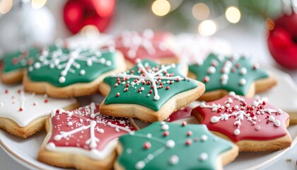 Festive Christmas Cookies with Icing and Sprinkles on Rustic Wooden Table