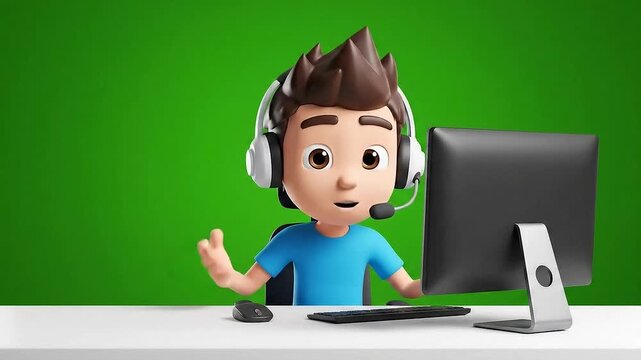 Friendly cartoon boy sitting at a computer with a headset waving at the viewer