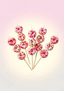 Playful Mini Donut Skewers Featuring Pink and White Glaze with Festive Heart and Dot Sprinkles for a Sweet Valentine's Day Bouquet Treat