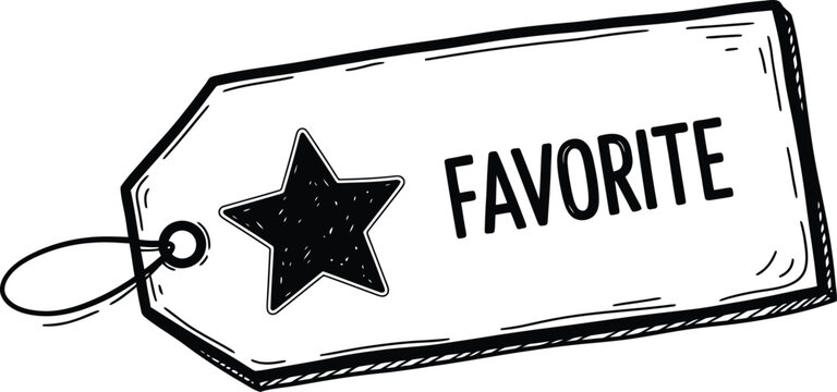 Hand-drawn simple tag with a star icon, doodle solid black on white, indicating favorite item, quick retail sketch