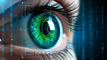 A photorealistic close-up of the human eye, complemented by digital interface elements. Fine geometric lines and glowing data points complement the technological backdrop.