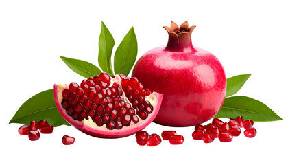 Vibrant image of a ripe pomegranate, its cut section showcasing juicy seeds, and green leaves