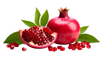Vibrant image of a ripe pomegranate, its cut section showcasing juicy seeds, and green leaves