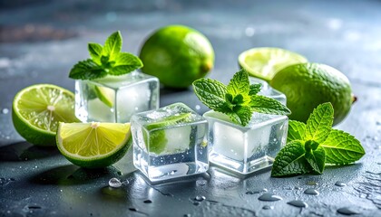 Vibrant arrangement of limes, mint sprigs, and ice cubes, refreshing look