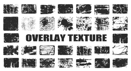 Overlay textures set stamp with grunge effect. Old damage Dirty grainy and scratches. Set of different distressed black grain texture.	