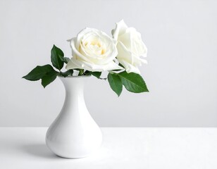 Two white roses in a delicate vase, set against a plain white backdrop