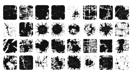 Overlay textures set stamp with grunge effect. Old damage Dirty grainy and scratches. Set of different distressed black grain texture.	
