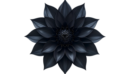 A striking top-down view of a fully bloomed, dark floral dahlia on black background