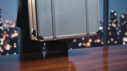 Businessman Hands Picking Up Silver Metal Briefcase From Desk In Night Office With City Bokeh